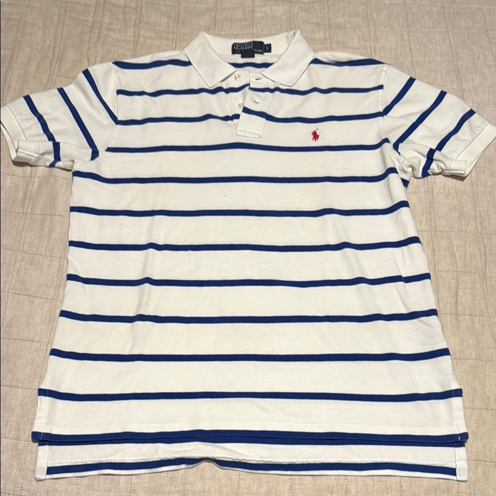Polo by Ralph Lauren Men's White and Blue Striped Polo Shirt